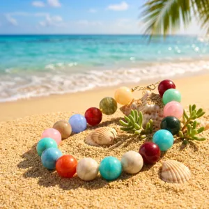 Vibrant chunky resin acrylic statement necklace with colorful round beads for summer beach.