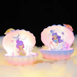 Linda Luz de Noche de Dibujos Animados Cuento de Hadas Sirena Princesa Concha Marina Lámpara de Estrella Música Adorno de Resina Regalo Cumpleaños
