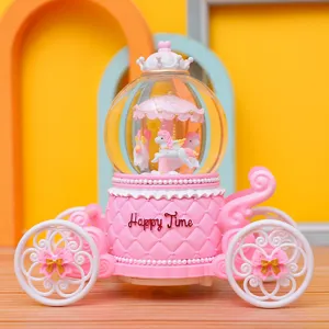 Pink carriage carousel unicorn music box snow globe cute desktop gift for girls and friends.