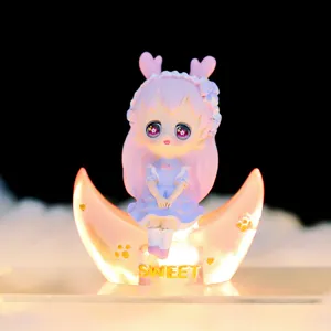 Cute bunny girl resin figurine glowing moon night light desktop decorative ornament