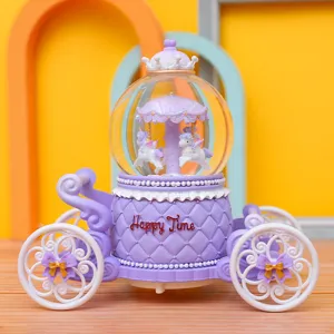 Purple carriage crystal ball music box with cute unicorn carousel design for gift and decor.