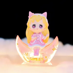 Cute anime girl cat ears crescent moon glowing night light desktop resin ornament figure toy
