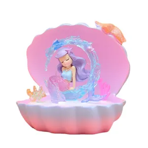 Linda Sirena Caja de Música Luz Nocturna Resina Concha Figura Regalo Cumpleaños Niña