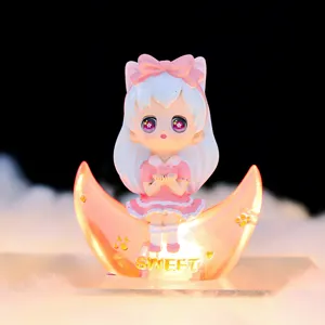 Cute anime girl figurine on glowing crescent moon desktop decoration ornament resin toy.