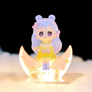 Cute anime girl resin figurine sitting on glowing crescent moon desktop decoration ornament sweet toy.