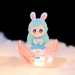 Cute rabbit ear girl figurine glowing moon desktop ornament cute home decoration variant