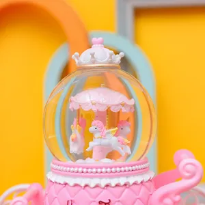 Cute unicorn carousel snow globe music box, pink princess castle desktop decor gift for girls.