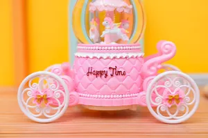 Pink carriage carousel unicorn snow globe music box detail, cute girl gift desktop ornament decoration.