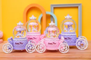Carousel unicorn snow globe music box carriage cute gift room desk decor pink purple