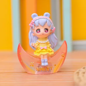 Cute anime girl figurine on a crescent moon base, sweet home desktop ambient light ornament.