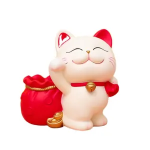 Cute lucky cat money box and pen holder resin ornament for home desktop decor and gift storage.
