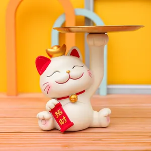 Scultura vassoio portaoggetti gatto portafortuna, simpatica statuetta di gatto per decorazione.