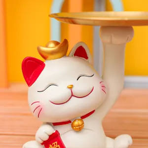 Statuetta gatto portafortuna con vassoio resina salvadanaio ricchezza decorazione