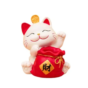 Simpatico salvadanaio gatto portafortuna e portapenne, borsa rossa, decorazione da scrivania.