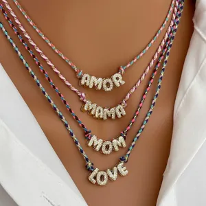 Handmade colorful braided rope necklace with 3d sparkling alphabet letter charms jewelry
