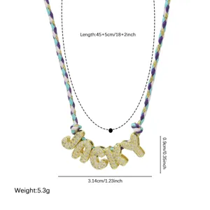 Gold 3D Bubble Letter Name Necklace Handmade Braided Colorful Rope Jewelry Gift for Women