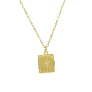 Collar con colgante de libro cruz de laton chapado en oro, elegante joya vintage regalo