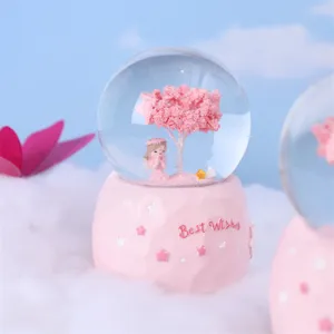 Pink angel snow globe home decor, romantic couple crystal ball ornament with light for gift.