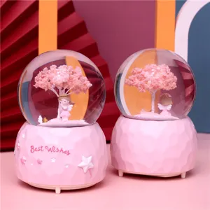 Pink crystal snow globe with cherry blossom tree angel figurine romantic gift home decor