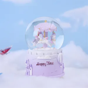 Scatola musicale palla di neve carosello unicorno viola, grazioso regalo per scrivania.