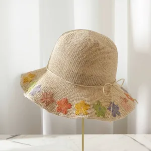 Damen Sommer Strohhut Sonnenhut mit bunter Blumenstickerei breite Krempe Strand Urlaub