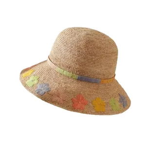 Faltbarer bunter Strohhut mit Blumen für Damen, breite Krempe Sommer Strand Urlaub Sonnenhut.