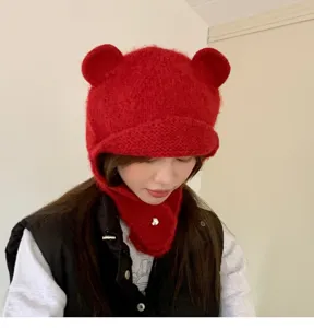 Koreanischer Stil Herbst Winter süßer Bärenohr Plüsch Strickhut warme winddichte Mütze Damen