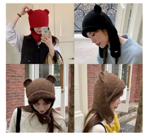 Koreanischer Stil Herbst Winter süße Bärenohr Strickmütze warme Plüsch Beanie für Damen Mode