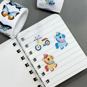 Cute cartoon sticker detail showing various colorful designs like butterflies and unicorns.