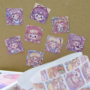 Nahaufnahme süßer Chibi-Anime-Mädchen-Aufkleber, perfekt für Tagebücher und Bastelarbeiten.
