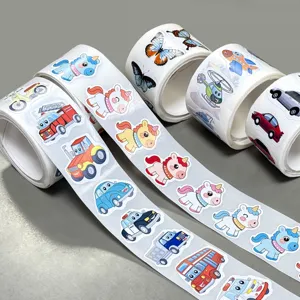 Cute cartoon stickers roll for kids reward, adorable unicorn and vehicle designs for decor.