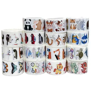 Cute cartoon sticker rolls detail, colorful animal and vehicle designs for kids craft and rewards.