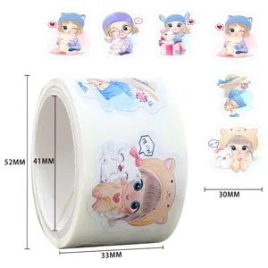 Cute cartoon stickers roll for kids rewards, lovely anime girl and animal designs detail view.