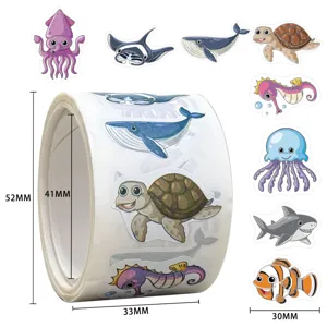 Detailed view of cute cartoon marine animal stickers roll featuring fish, whale, and turtle designs.