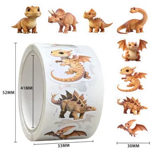 Cute cartoon dinosaur reward stickers roll for kids, kindergarten teachers, and toy deco.