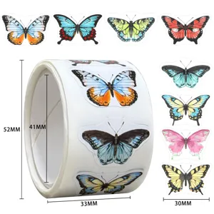Colorful butterfly roll stickers and individual sticker samples, perfect for kids rewards and crafts.
