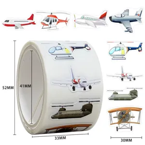 Cartoon aircraft sticker roll for kids, cute airplane and helicopter reward stickers for school teaching.