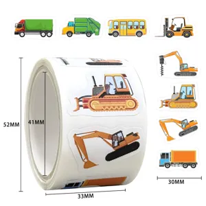 Detailed view of kids cartoon vehicle stickers roll showing dimensions and sticker designs.