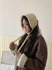 Ins Stil einfarbig Strick Wolle warm Ohrklappe gebunden Hut Herbst Winter Damen Mütze