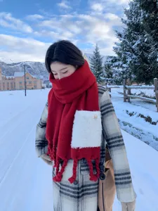 Dicker Kaschmir-Gefühl Taschenduett Schal mit Zöpfen, kuscheliger roter Winterschal für Damen.
