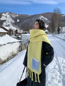 Dicker Kaschmir-Imitat Winterschal mit blauer Tasche und geflochtenen Quastendetails im Schnee.