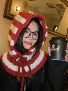 Balaclava de punto a rayas rojas y blancas gorro bufanda invierno cálido cómodo suave