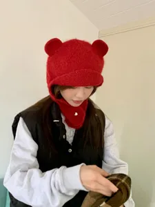 Süße Bärenohren Strickmütze für Damen, plüschige warme Winter Plüschmütze, roter gemütlicher Stil.