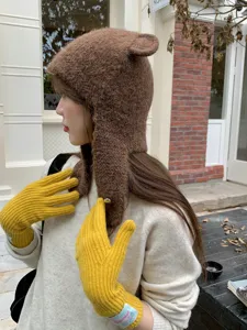 Koreanische süße Bärenohr Plüsch Strickmütze Herbst Winter warme Wollmütze für Damen