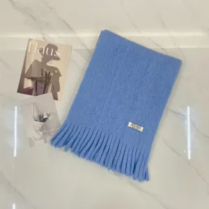 Einfarbiger Kunst-Kaschmir Quastenschal für Damen, warmer Winter-Halswärmer in Blau.
