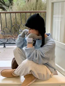 Süße schwarze Bärenohren Strickmütze für Damen, gemütliche warme Wintermütze für Streetwear.