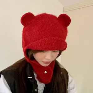 Koreanischer Stil süße Bärenohren Plüsch Strickmütze warme Winter Balaclava für Damen