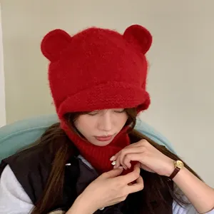 Suesse Baer Ohren Pluesch Strickmuetze Winter warme Beanie fuer Damen dicker Pullover