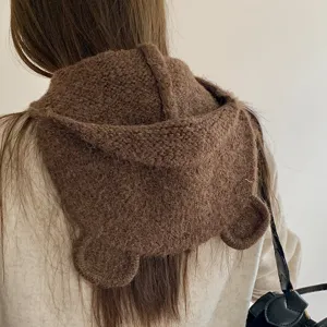Niedlicher brauner Plüsch Strick Kapuzenschal mit Bärenohren warmer Pulloverhut Damen