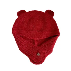Süße warme Damen Strickmütze mit Bärenohren rote Plüsch Wintermütze winddichte Mütze